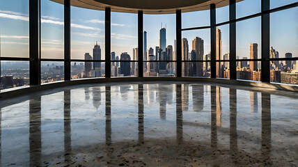 Luxury High-Rise Apartment with Indoor Pool – City Skyline Sunset View Through Glass Windows in Photorealistic 32K Revolution 