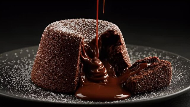 Close Up of Chocolate Lava Cake on Dark Plate with Powdered Sugar and Melted Chocolate being Spooned against a Black Background