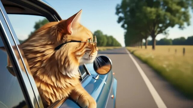 Ginger cat wearing sunglasses driving a vintage car on country road