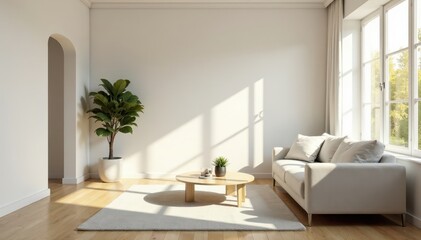 Sun-drenched minimalist living room with light wood floors and neutral palette, white, airy