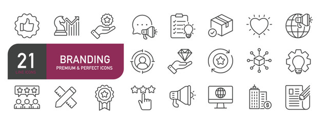Set of line icons related to branding, marketing, product. Outline icons collection. Editable stroke. Vector illustration