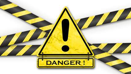 DANGER lettering on warning sign with caution tapes in black yellow colour on transparent background - 3D Illustration