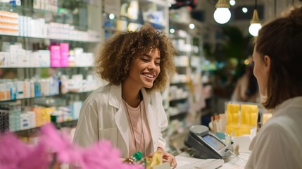 Plakat Pharmacy staff member engaging with a customer in a well-stocked store during the evening