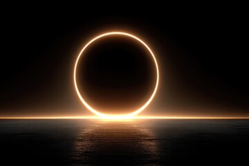 Obraz premium 3d circular halo light with glowing center and orange gradient over dark sea horizon in a hyper-realistic minimal style