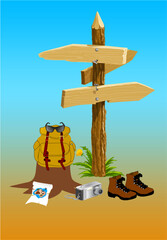 composition, with signpost, backpack camera