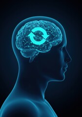 Obraz premium Futuristic human head silhouette with glowing brain and cycle symbol 