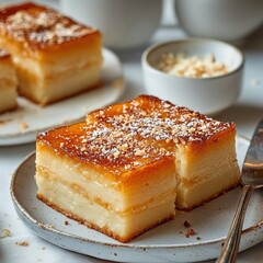 Two pieces of delicious golden brown custard cake with a creamy white layer, topped with toasted nuts, served on a small white plate. Close up view with shallow depth of field.
