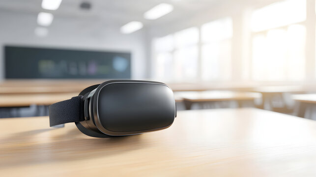 A sleek virtual reality headset rests on a wooden table in a brightly lit classroom, suggesting innovative technology for educational environments.