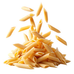Falling raw Penne Rigate, uncooked Italian Pasta, isolated on white background
