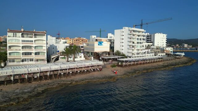 5.6.25 San Antonio Esp, Cafe del mar ibiza. Lovely aerial view flight drone