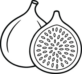 A Simple Line Drawing of Two Figs, One Whole and One Halved, Showing Seeds