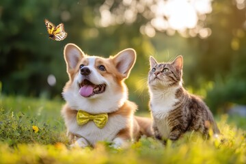 Corgi Dog and Fluffy Cat in Sunset Meadow, Joyful Outdoor Interaction with Yellow Bowtie and Butterfly.