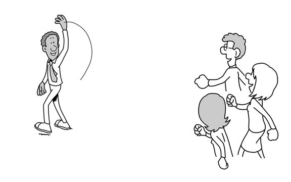 Happy businessman waving goodbye to colleagues