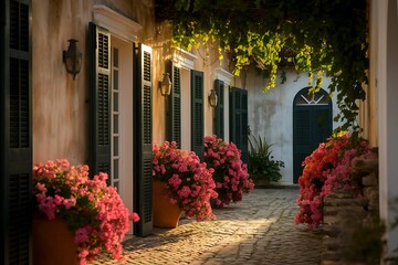 Naklejka premium A Sun-Drenched Mediterranean Courtyard with Blooming Flowers