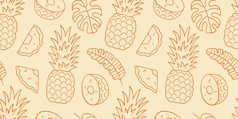 Seamless doodle line pattern with pineapples, slices, and tropical leaves. Summer design