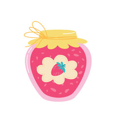 Glass jar with strawberry jam. Flat style sweet dessert vector illustration