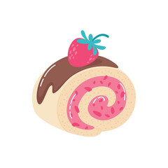 Slice of strawberry roll with berry cream and chocolate topping. Flat style sweet dessert vector illustration