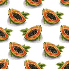 Seamless watercolor pattern with ripe papaya fruits, hand-painted and isolated on a white background. Perfect for fabric, packaging, kitchen decor, tropical designs, and summer-themed projects.
