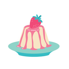 Vanilla panna cotta with strawberry topping and berry. Flat style sweet dessert vector illustration