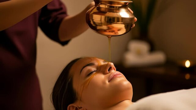 Woman receiving ayurvedic shirodhara oil treatment at a spa. Relaxation and alternative therapy concept using traditional method, footage.