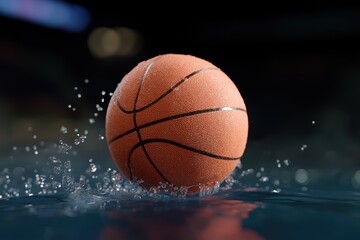 Fototapeta premium Basketball splashing on wet surface with water droplets