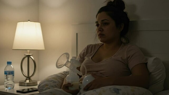 Mother Sitting Alone with Breast Pump and Distant Expression, Emotional Motherhood Moment
