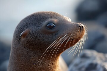 Obraz premium Close-up of a young seal with whiskers at the rocky shore