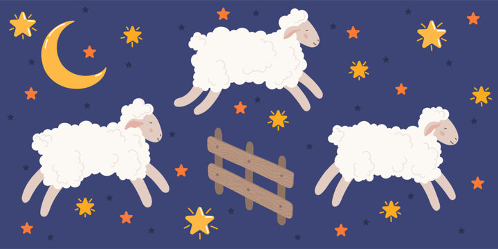 Three cute sheeps jumping over a fence at night. Night starry sky.