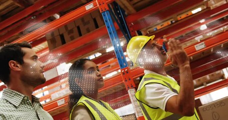 Supervisor pointing upward to racks and initiating digital binary overlay during warehouse training - Powered by Adobe