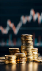 Golden coins gleaming against stock market chart backdrop financial investment success opportunity future
