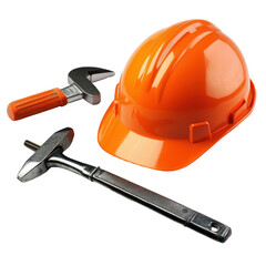 Construction tools and equipment including an orange hard hat and wrenches on a plain background