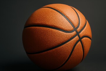 Close-up of an orange basketball with textured surface highlighting the intricacies of the ball's design against a dark background.