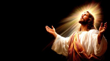 Jesus Christ with glowing halo praying and looking to heaven on dark background, religious spiritual concept
