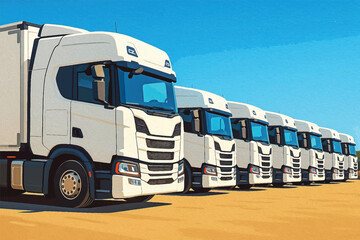 Adobe Illustrator Artwork Fleet Readiness: Lined-Up Trucks Under a Clear Sky Illustration