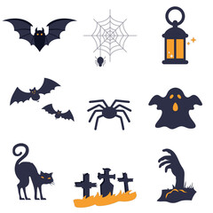 Black Halloween vector cartoon animal silhouettes and holiday design icons collection