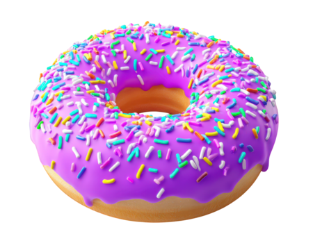 Colorful donut with purple icing and vibrant sprinkles sits against transparent background, showcasing its delicious and appealing design. This realistic photo captures sweet treat charm