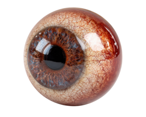 Realistic eye model showcasing intricate details, including vibrant colors and textures, set against transparent background. This object highlights beauty of anatomical features and artistic