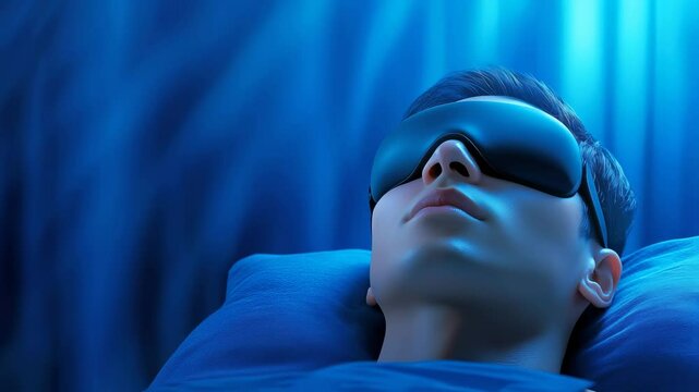 Young person resting with high-tech sleep mask in blue ambient light. Comfortable neck pillow supports head. Calm, serene posture with closed eyes.