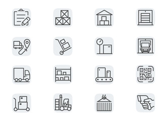 Warehouse and Logistics. Concept editable stroke outline icons set isolated on white background flat vector illustration. Pixel perfect