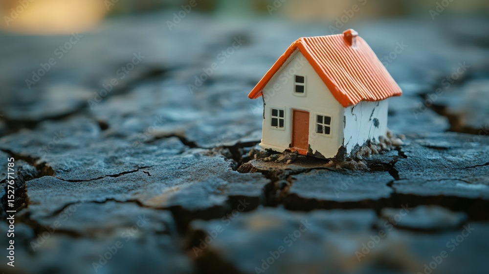 Poster miniature house model placed on cracked and dry ground, representing earthquake damage and the impac