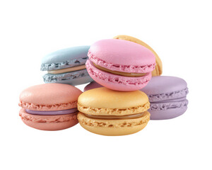 Fototapeta premium Delightful pastel macarons stacked together, showcasing variety of colors and flavors. These sweet treats are perfect for any dessert table or celebration, adding touch of elegance and joy