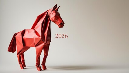 Creative New Year 2026 card, red horse in origami style and numbers 2026, white background with space for text