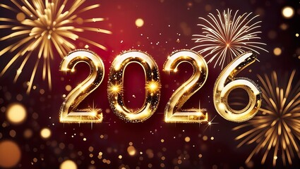 Festive gold 2026 numbers with fireworks and sparkling lights, celebrating the new year with joy and excitement. Perfect for concepts related to new year celebrations, future events, and festive mood