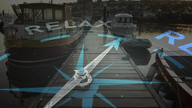 Emerging holographic compass rose arrow aligning dock while rotating RELAX text calming marina