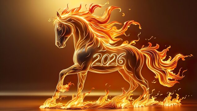 Symbol of the year 2026, silhouette of a golden fiery horse walking on flames, happy new year