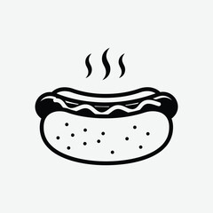 Stylized black and white vector of a hot dog with mustard and steam. Minimalist design, clean lines, perfect for food icons, prints, or digital use.