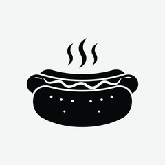 Stylized black and white vector of a hot dog with mustard and steam. Minimalist design, clean lines, perfect for food icons, prints, or digital use.