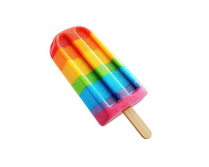 Colorful rainbow popsicle with vibrant layers of red orange yellow green blue and purple resting on wooden stick evoking sense of joy and summer fun