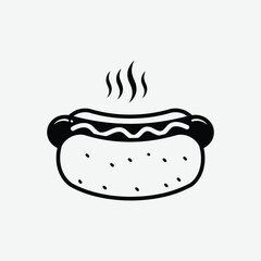 Stylized black and white vector of a hot dog with mustard and steam. Minimalist design, clean lines, perfect for food icons, prints, or digital use.