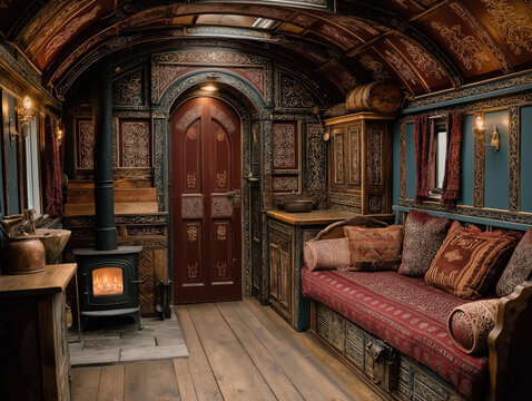 A gypsy wagon tiny house with intricate carvings, velvet curtains, and a wood stove